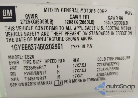 2006 Cadillac Srx V6 from USA, damaged, VIN 1GYEE637460202961